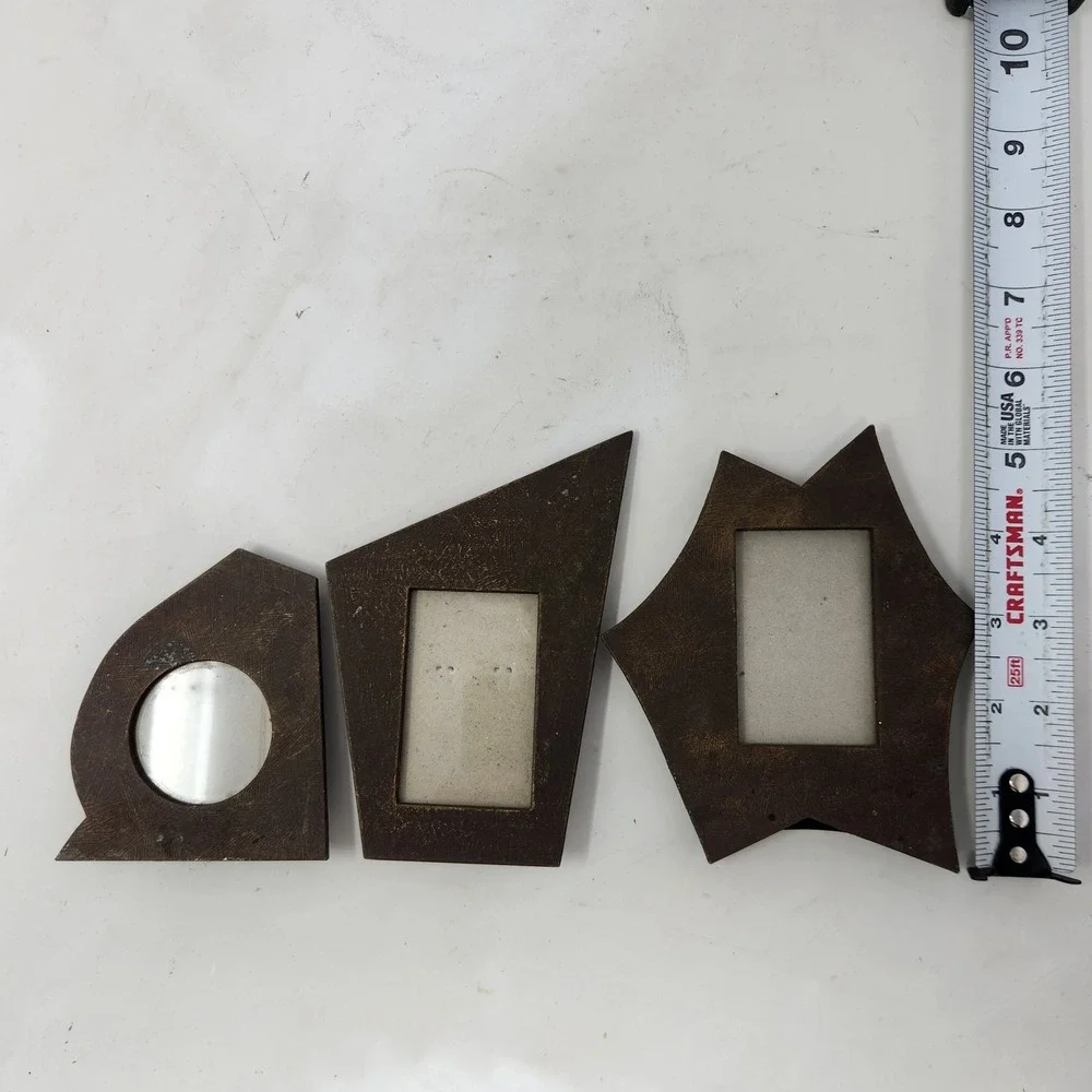 Vintage Brutalist Geometric Metal Mini Picture Frames Set of 3 Bronze MCM Style